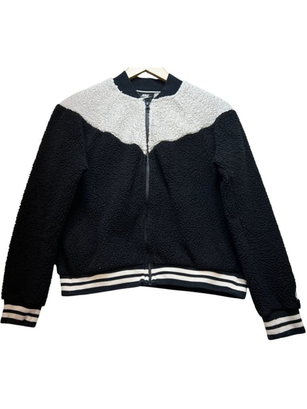 Nike Women's Sherpa Fleece Bomber Jacket Full Zip Long Sleeve Size M Black White